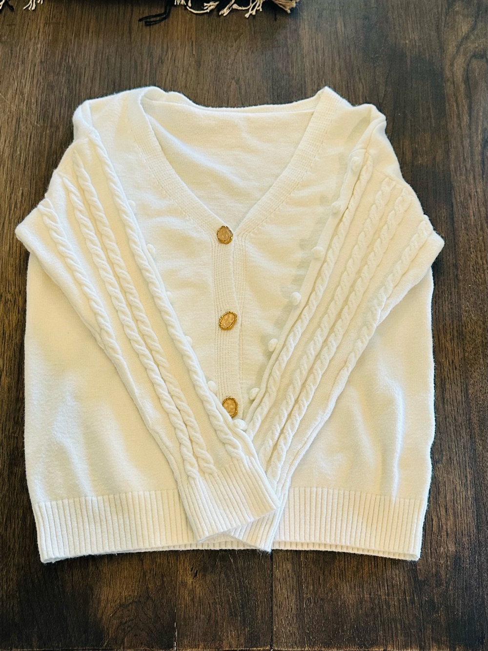 Classic Cream Cable Knit V-Neck Sweater with beautiful mother of pearl Buttons